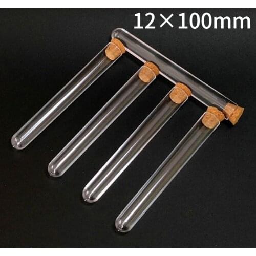 100pcs/lot 12x100mm lab clear plastic test tube round bottom tube vial with cork