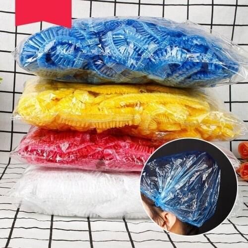 Hot Sale 100Pcs Disposable Plastic Shower Cap Hair One-off Shower Bathing Caps Waterproof For Women Hat Spa Pleated Dust Stretch