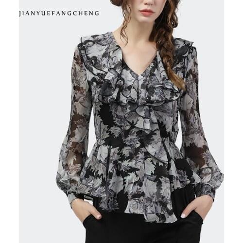 Fashion V-Neck Ruffles Chiffon Blouse Women Leaves Print Long Sleeve Slim Waist Tops 2021 New Spring Summer Temperament Blouses