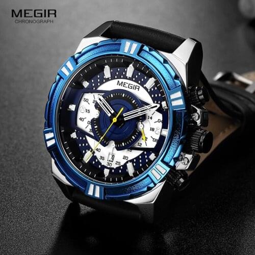 2019 MEGIR New Fashion Mens Watches Top Brand Luxury Big Dial Army Sport Chronograph Quartz Wristwatch Leather Watch 2118 Blue