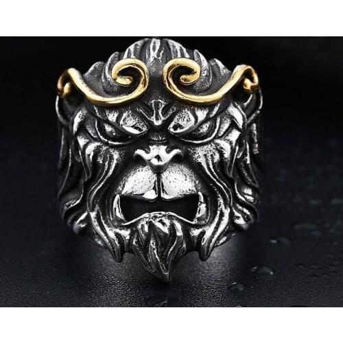 Vintage Gold Monkey King Titanium Steel Skull Biker Gothic Punk 316L Stainless Ring For Men Retro Male Design Round Bands Rings