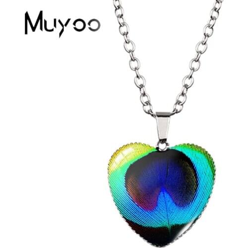 New Arrival Blue Gree Color Peacock Feather Patterns Heart Handcraft Jewelry Pendants Heart Necklace HZ3