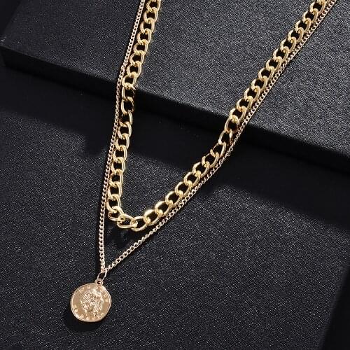 Hip Hop Necklace Gold Color Round Sequin Coin Pendant Necklace Double Chain Layered Choker Necklace Collar Women New Jewelry