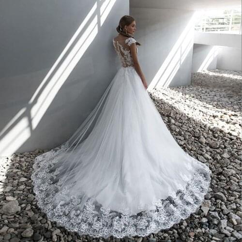 Sexy Sheer Neck Lace Wedding Dress 2020 Custom Made A-line Cap Sleeves Vestido de Novia Tulle Bridal Gown Boho Bride Dress