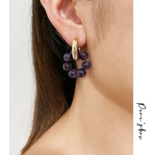 PerisBox Boho Asymmetric Multicolor Stone Bead Hoop Earring Colorful Stone Beaded Huggie Earrings Gift Jewelry