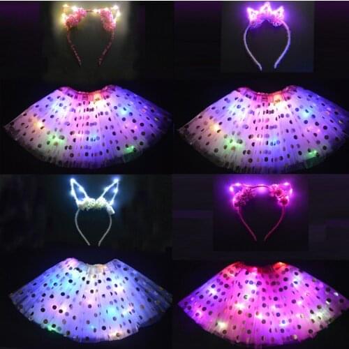 Girl LED Ear Headband Crown Light Polka Dot Tutu Skirt Neon Luminous Birthday Party Festival Devil Easter Costume Wear 3-12 Year