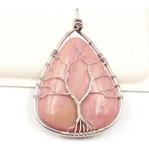 FYJS Unique Silver Plated Wire Wrap Tree of Life Water Drop Rhodonite Stone Pendant Summer Style Jewelry