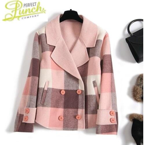 Women Short Double-sided 100% Wool Jacket Korean Pink Plaid Coat Overcoat Abrigos Mujer Elegante 2021 CYA0270 KJ5067