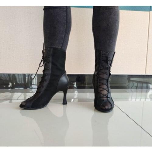 Ladies High Top Ballroom Latin Dance Shoes Black High Heel Bachata Salsa Dancing Shoes For Girls Modern Dance Boots Party Shoes