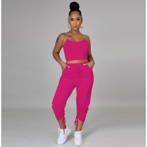 Yellow/rose Red Womens Tracksuit Spaghetti Strap Sleeveless Crop Top and Ruched Drawstring Sweatpant Casual Loungewear Outfits