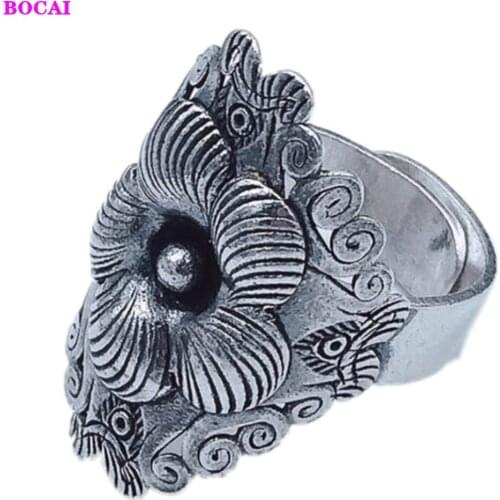 BOCAI Hand made S925 Sterling Silver ring for women Flower wide retro hollow ring opening pure silver rings fashion Girl Jewelry