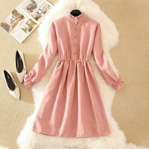 Women Corduroy Dress Elegant Midi Long Solid Dress Long Sleeve Winter Holiday Romantic Party Dress Autumn A-line Dress Vestidos