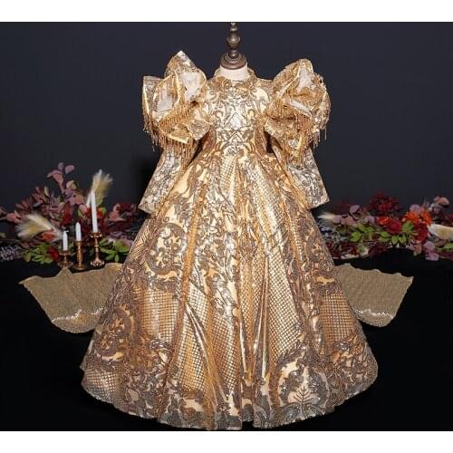 Flower Girl Dresses Vintage O-Neck Short Sequined Embroidery Beading Princess Floor-Length Luxury Elegant Kids Party Gown H563