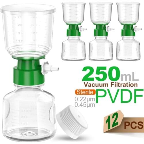 12PCS Sterile Bottle Top Vacuum Filtration with 0.22/0.45μm PVDF Membrane for Lab, 250ml Funnel + 250ml Receiver by Ks-Tek
