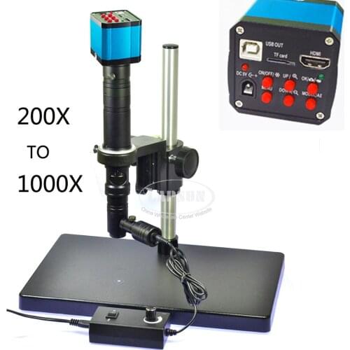 200X - 1000X Zoom Stereo 14MP 1080P FHD Microscope Camera Coaxial Light Monocular C-mount Lens + Focusing Lifting Bracket Stand