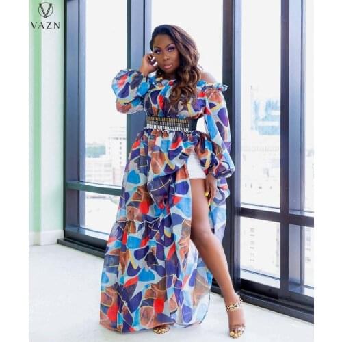 VAZN 2021 Autumn Holiday Chiffon Print Spit Dress Slash Neck Sexy High-end Plus Size Long Dress For Evening Robe
