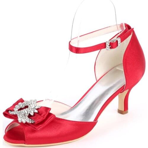 Kitten Heels Satin Wedding Shoes for Bride Peep Toe Ankle Buckle Strap Crystals Evening Formal Party Women Dress Pumps
