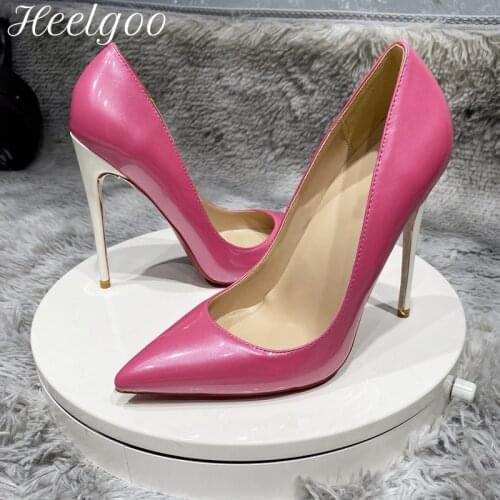 Heelgoo Glossy Pink Women Pointy Toe Shiny High Heel Wedding Shoes Gorgeous Elegant Ladies Slip On Stiletto Pumps Size 33-45
