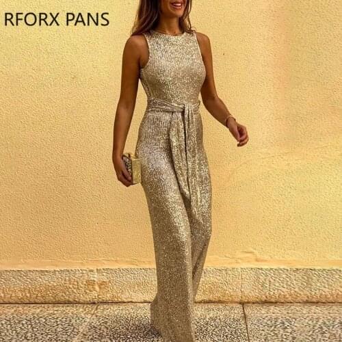 Glitter Round Neck Sleeveless Backless Sequins Jumpsuit