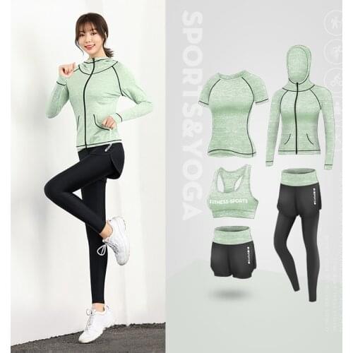 High waist trousers + hooded jacket + bra T-shirt + womens short yoga 5 piece sportswear suit running sportswear