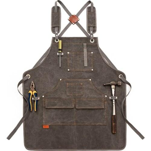 2021 Hot Durable Heavy Duty Unisex Canvas Work Apron With Tool Pockets Cross-Back Straps Adjustable For Woodworking Painting