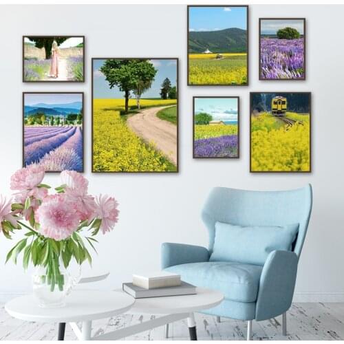 Lavender and Rape Blossoms Wall Art Girl Flower Tree Field Canvas Painting Nordic Natural Poster and Print for Living Room Decor