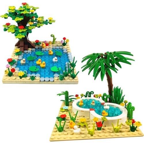 Building Blocks MOC Bricks Park Pond Swimming pool Fountain cute Duck Plants Trees Flowers Grass DIY Accessories Creator Toys