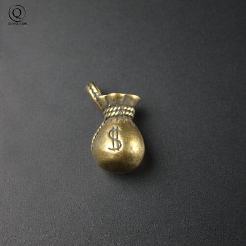 Brass Money Bag Keychains Hanging Pendants Trinket Metal Pure Copper Lucky Purse Keyrings Charms Ornament Vintage Handmade Craft