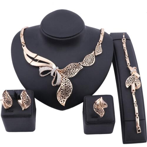 Fashion Gold Color Crystal Africa Style Necklace Earring Ring Party Dance Jewelry Set For Women Bridal Party Anniversary