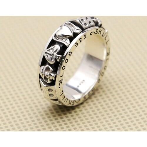 Solid Silver 925 Rotating Spinner Ring Men Gamble Skull Lucky Band Gothic Punk 925 Sterling Silver Jewelry Men Thick Thai Silver