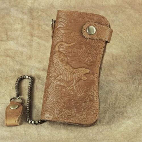Genuine leather retro men Emboss dragon and tiger long wallet Iron Chain Anti-theft Purse Clutch Handbag high quality assurance