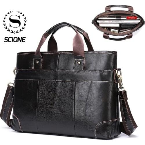 Scione Mens Leather Briefcase Bag Messenger Genuine Leather 14 Laptop Documents Hand Bags Office Business Tote for Husband K119