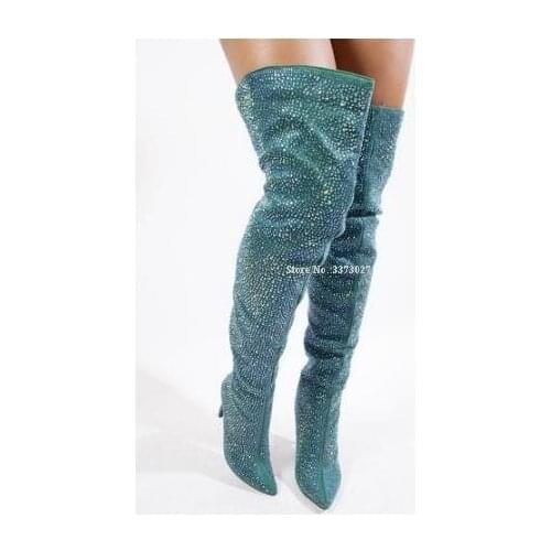 New Design Woman Crystal Long Boots Fashion Stiletto Heel Blue Color Rhinestone Over the Knee Boots Lady Large Size Winter Boots