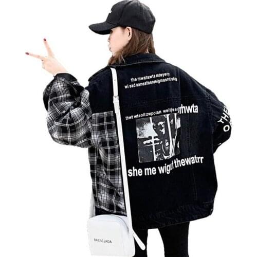 2021 Autumn Black Loose Denim Jacket Harajuku Bomber Jacket Streetwear Plaid Black Jeans Jacket Women Letter Printed Jacket