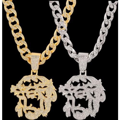 New Arrival Hip Hop Hollow out Jesus Head Rhinestone Pendant Necklace Cuba Chain Punk Jewelry For Male Shine Gifts