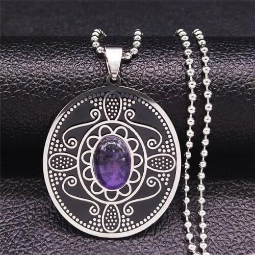 Natural Purple Crystal Stainless Steel Oval Flower Necklace Chain Women/Men Silver Bohemia Jewelry bijoux femme N3611S04
