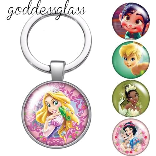 Princesses Tinkerbell Tiana snow white Vanellope glass cabochon keychain Bag Car key chain Ring Holder Charms keychains Kid gift