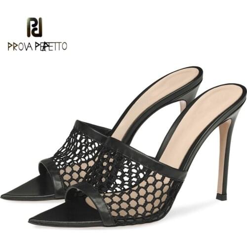 Fashion Black Stitching Fishnet Sexy Stiletto Muller Sandals and Slippers Pointed Temperament Versatile High-heeled Sandals