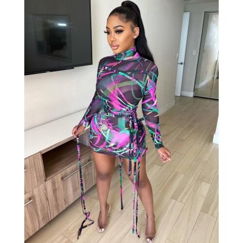 Tie Dye Mesh Bandage Dress Women Turtleneck Close-fitting Long Sleeve Dresses Printed Pattern Vestidos for Female