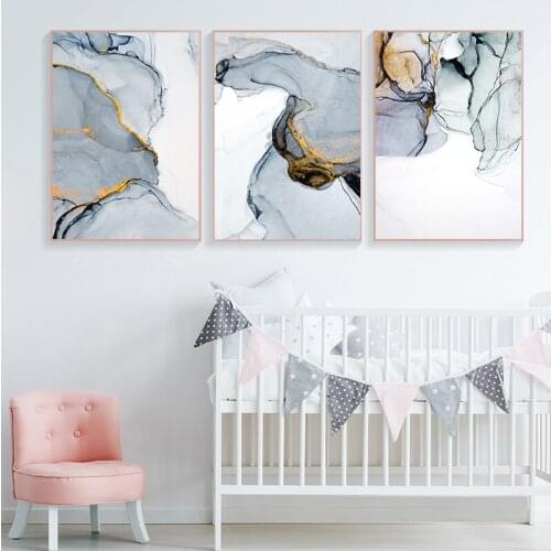 Nordic Morden Abstract Blue-gray line Wall Art Canvas Painting Golden Blue smoke Art Print Wall Picture for Living Room