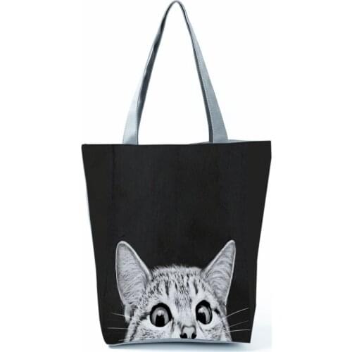 Cat Printed Handbag Women Large Capacity Reusable Shopping Bag Black Animal Cartoon Foldable Beach Shoulder Bag Custom Pattern