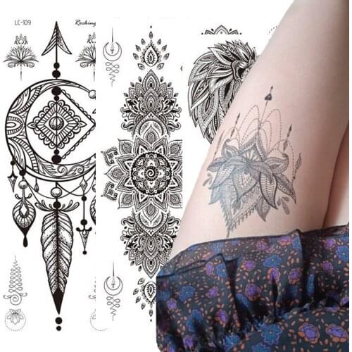 Mandala Flower Tattoo Sticker Black Retro Temporary Waterproof Lasting Hand Back Pattern Body Arm Legs Clavicle Tattoo Sticker