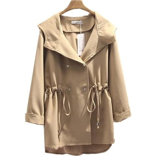 NEW 2020 Oversized Womens Trench Coat Spring Autumn Hooded Drawstring Casual Coat Double Breasted Windbreaker Outwear Tooling