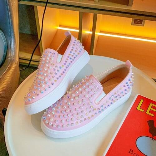 Rimocy 2020 Spring Summer New Fashion Rivet Flats Women Casual Slip on Boat Shoes Woman Pink PU Leather Flat Loafers Plus Size