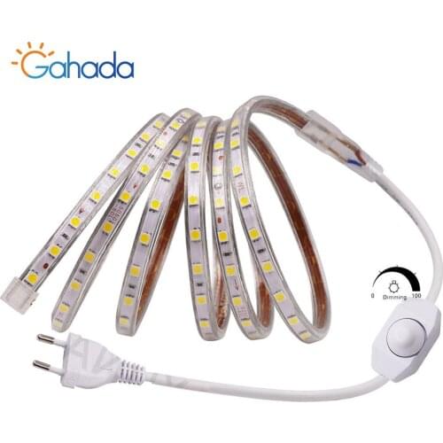 220V LED Strip Waterproof SMD 60 LEDs/m Ribbon Tape Flexible 5050 LED Light Lamp Outdoor Lighting With EU Dimmer Plug