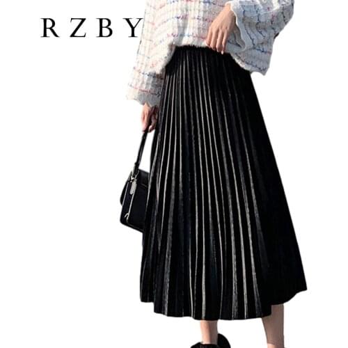 Gold Velvet Pleated Skirt Women Autumn Winter 2020 New High Waist Thin A-Line Falda Mid-Length Saia Casual Loose Clothes RZBY200