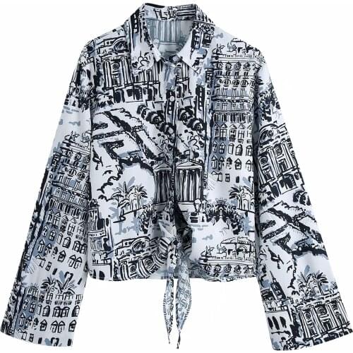 ZA New Spring Autumn Women Retro Printing Simple Style Loose Long Sleeve Lace Up Shirt At Hem Casual Tops XITIMEAO