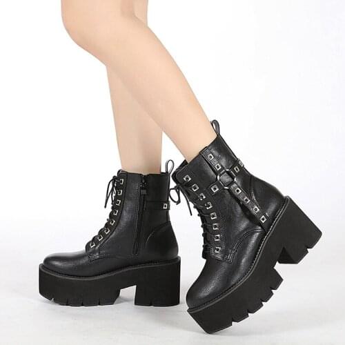 High Heel Female Shoes on platform Lace-Up Black Sexy Belt buckle Short Boots Gothic Black Ankle Boots For Women