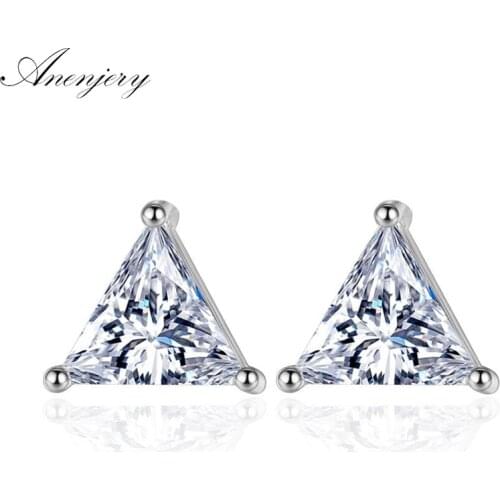 ANENJERY 925 Sterling Silver Cubic Zircon Triangle Stud Earrings For Women brincos S-E210