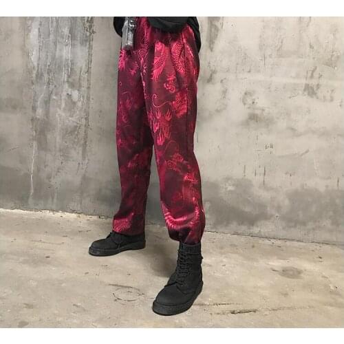 Harajuku Pants Women Korean Style Vintage Phoenix Dragon Pattern Satin Straight Harem Trousers Unisex Hiphop Bottom Elastic Wais